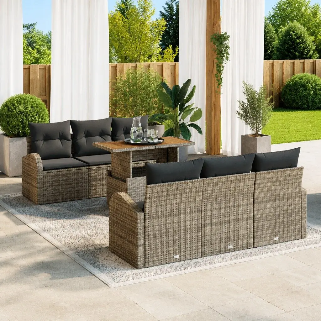 Garden Sofa Set 7 pcs Grey Poly Rattan Outdoor Furniture with Storage Armrests