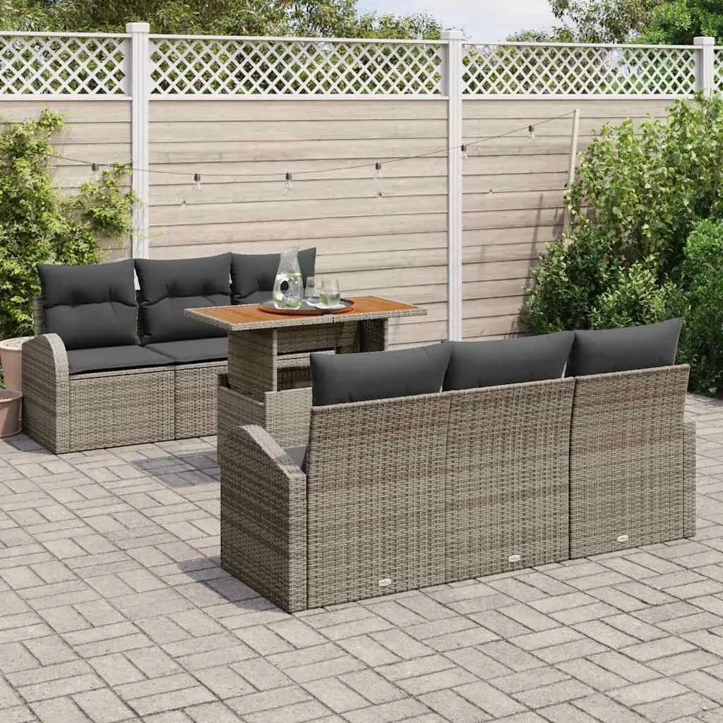 Garden Sofa Set 7 pcs Grey Poly Rattan Outdoor Furniture with Storage Armrests