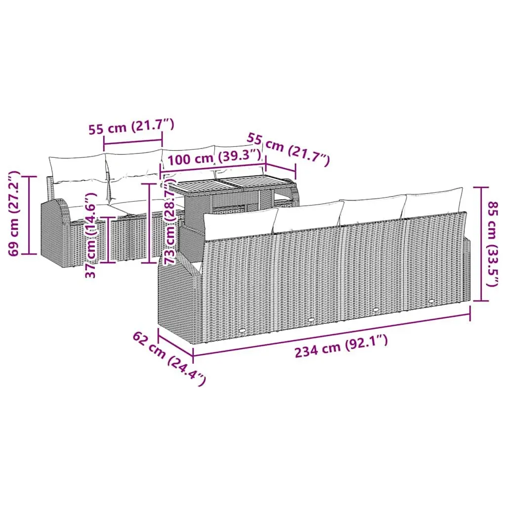 9 Piece Modular Outdoor Furniture Set Grey Poly Rattan Garden Sofa with Storage Solutions for Patios and Terraces