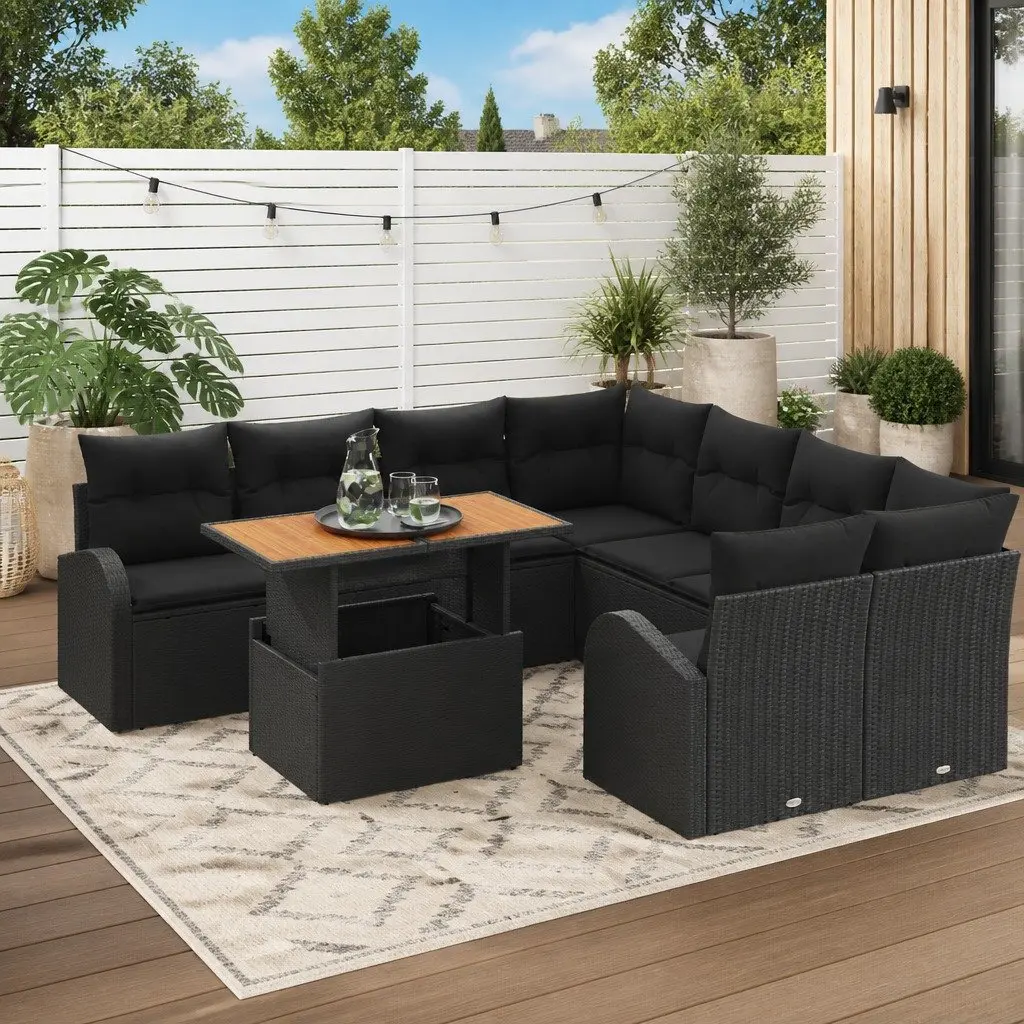 Garden Sofa Set 9 Piece Outdoor Furniture Black Poly Rattan Modular with Storage