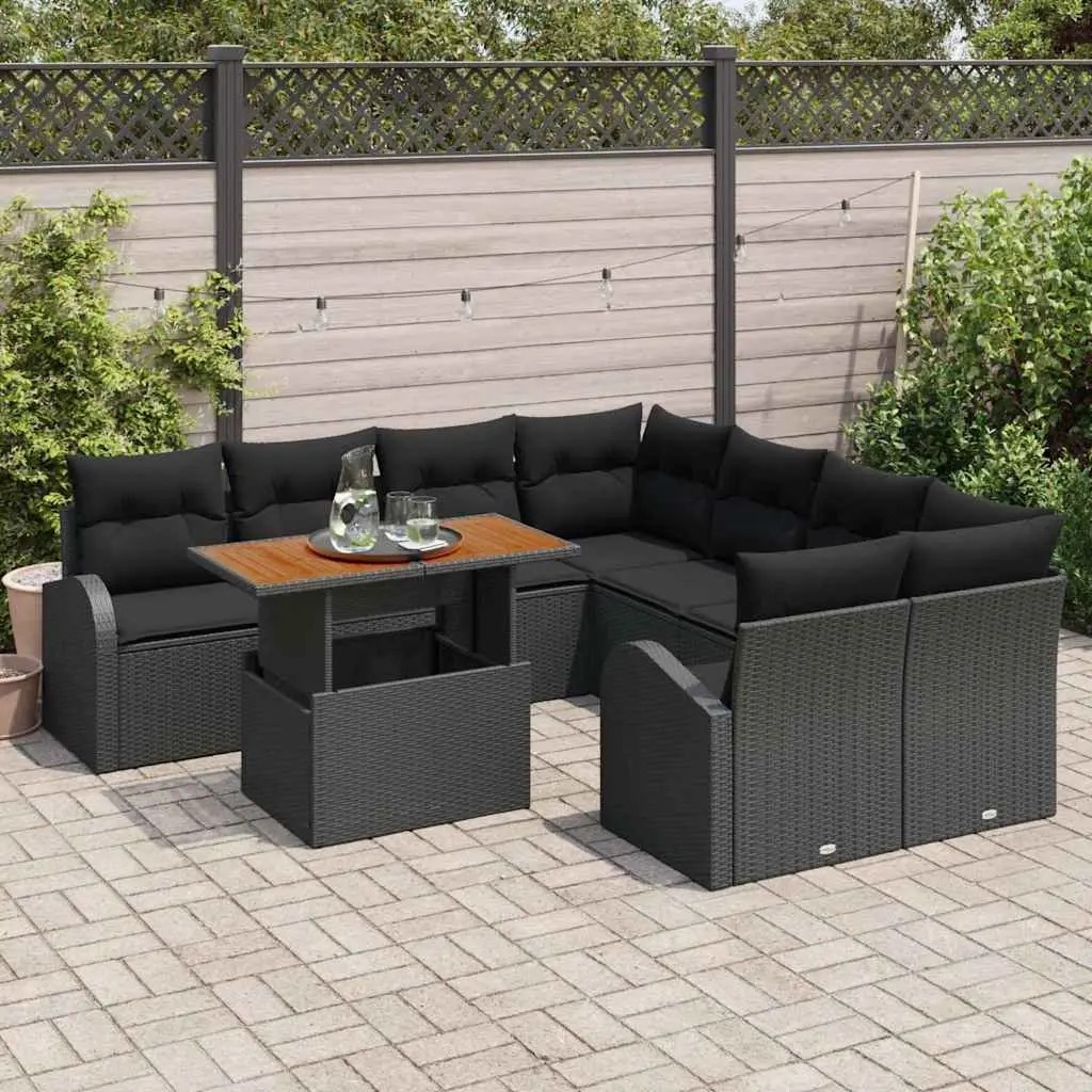 Garden Sofa Set 9 Piece Outdoor Furniture Black Poly Rattan Modular with Storage