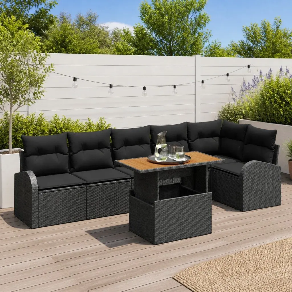 7 Piece Outdoor Garden Sofa Set Modular Poly Rattan Black with Storage