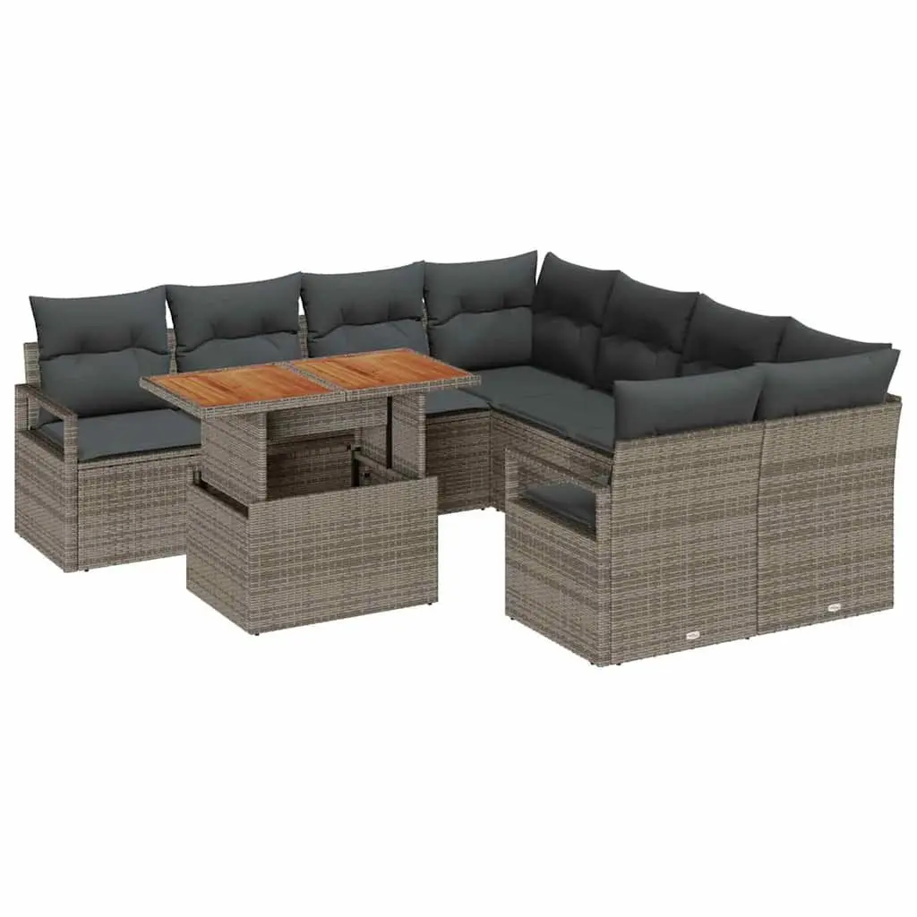 Garden Sofa Set 9 Pieces Outdoor Seating Grey Poly Rattan with Storage Table