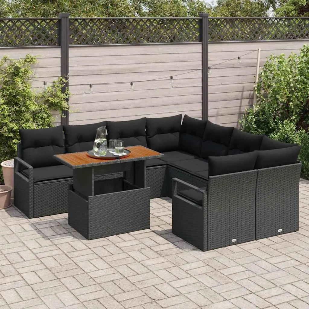 Garden Sofa Set Outdoor Lounge Furniture 9 Piece Black Poly Rattan with Storage