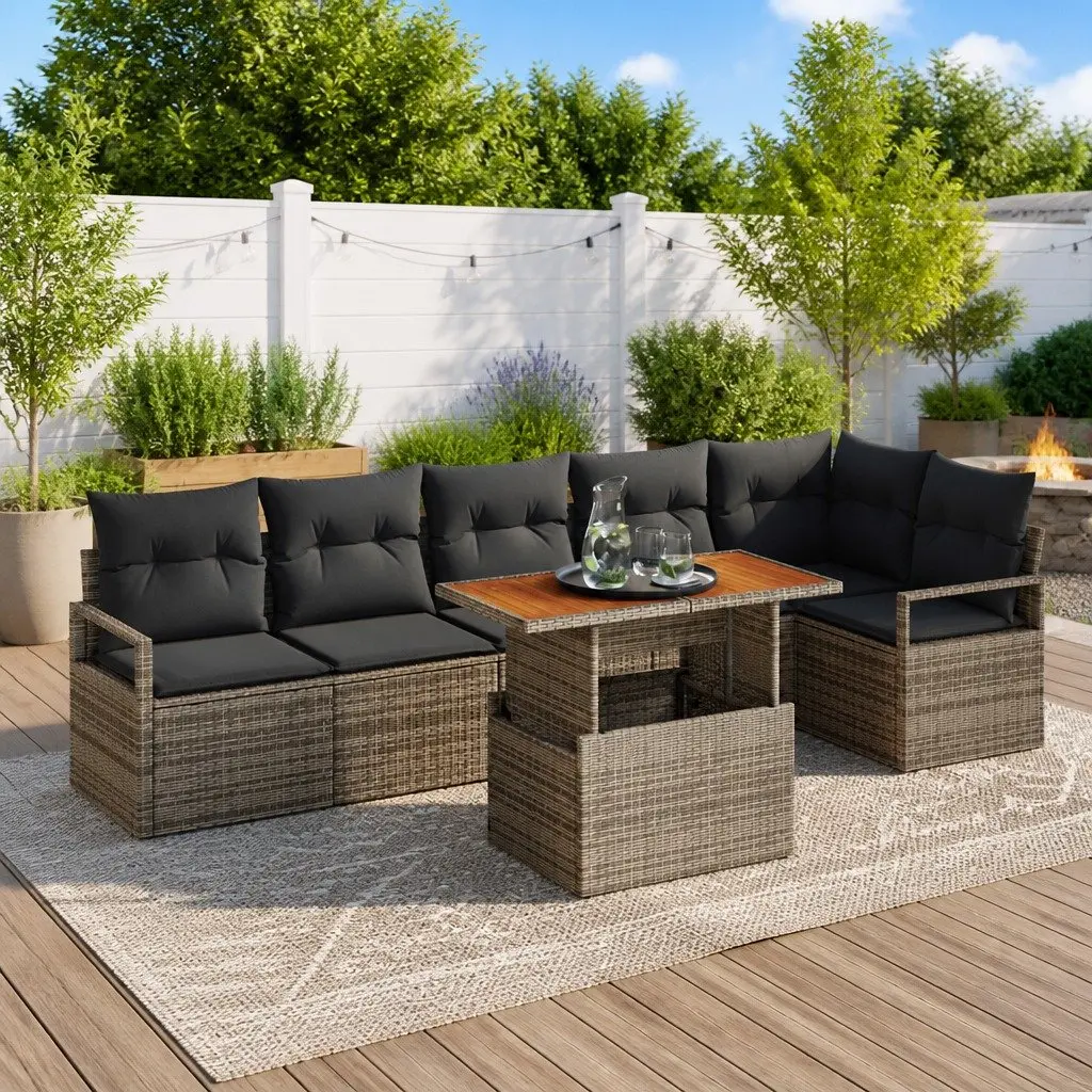 Modular Outdoor Sofa Set Grey Poly Rattan 7 Piece Garden Furniture with Storage