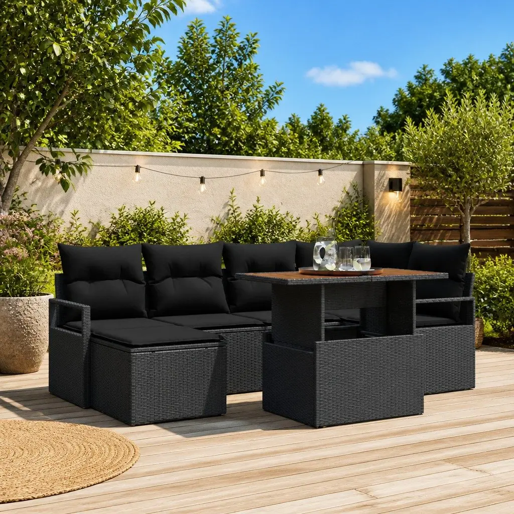 Garden Sofa Set Outdoor Furniture Modular 7 Piece Black Poly Rattan Lounge