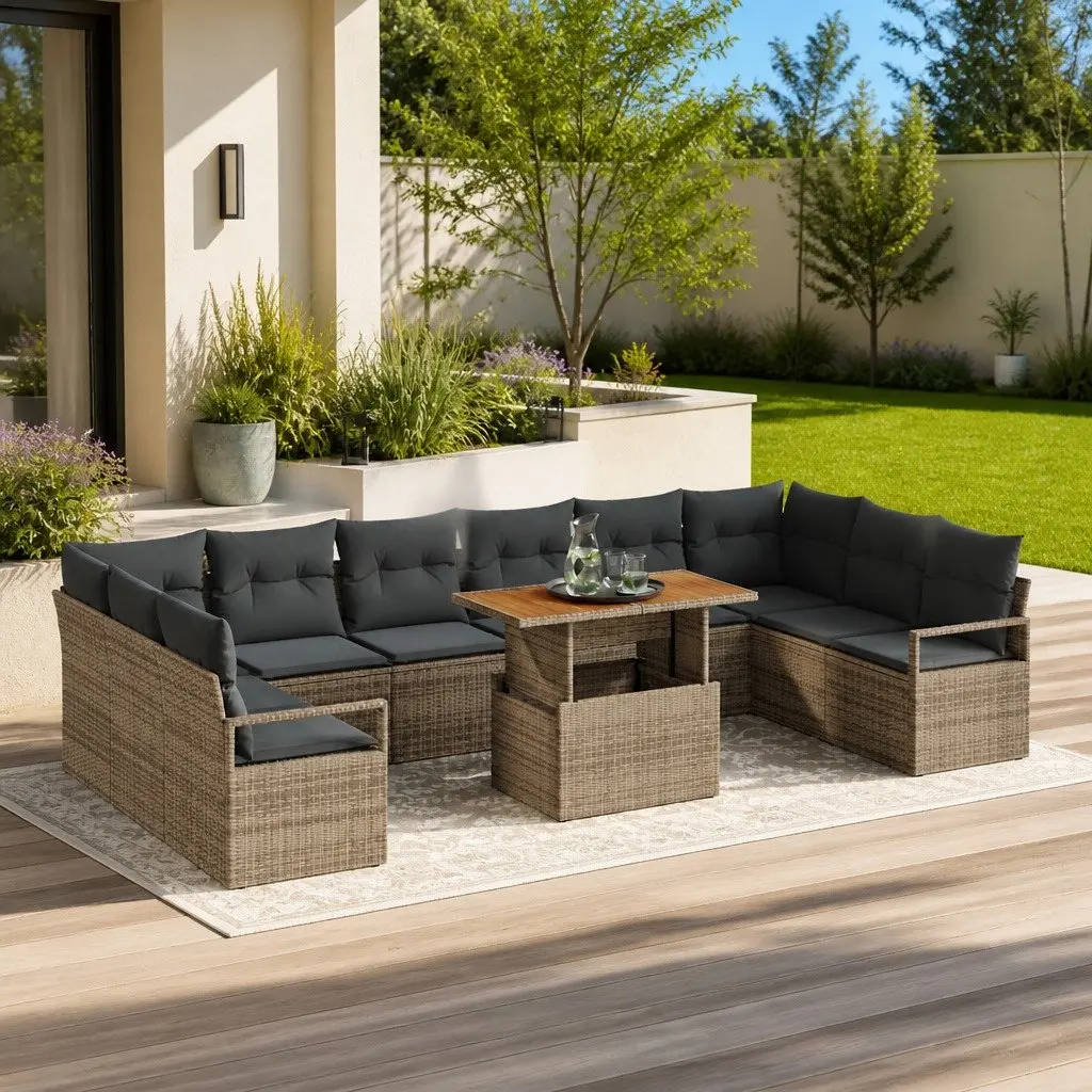 11 Piece Garden Sofa Set Grey Outdoor Rattan Modular Furniture with Storage