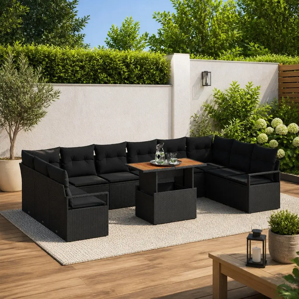 Garden Sofa Set Modular Outdoor Furniture 11 Piece Black Poly Rattan