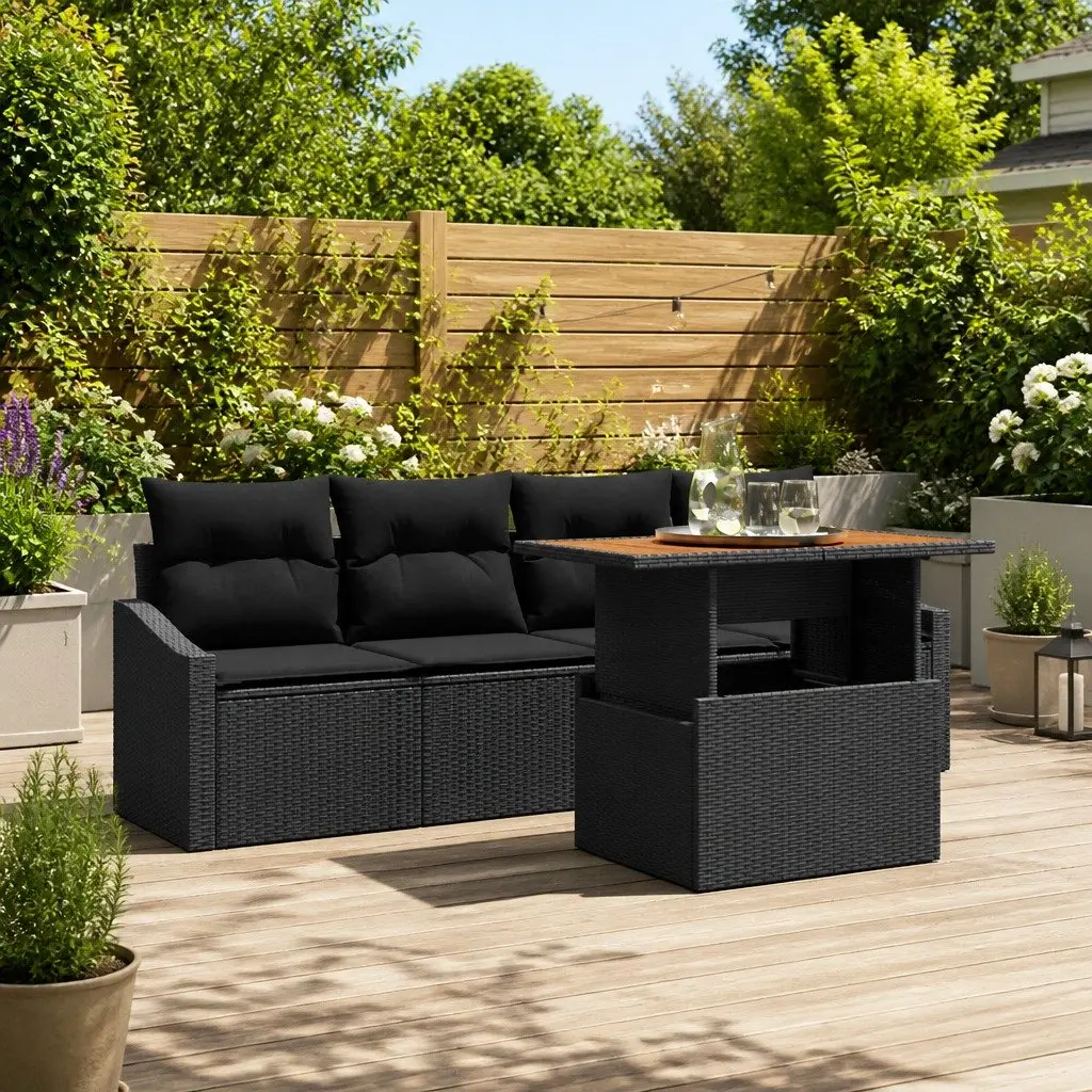 Garden Sofa Set 5 Piece Outdoor Furniture Black Poly Rattan with Storage Table