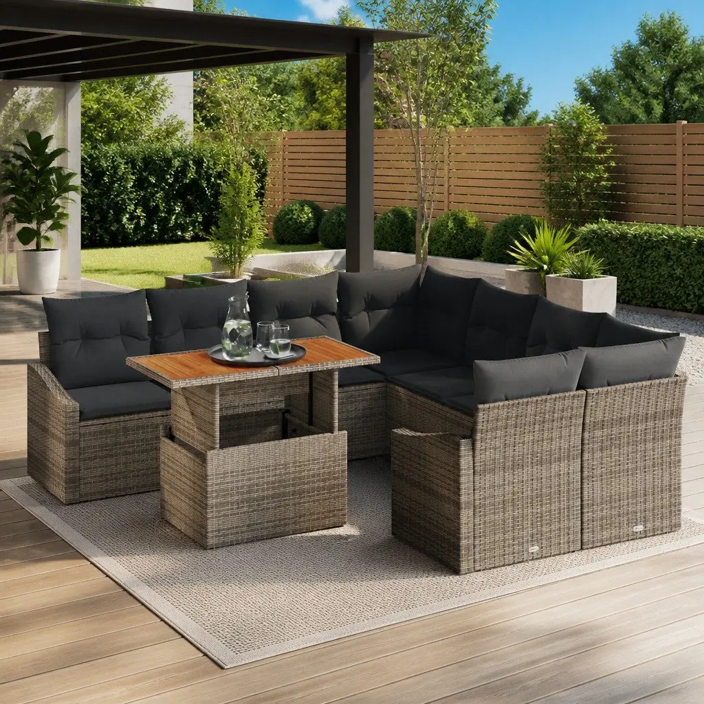 Garden Sofa Set 9 Pieces Grey Outdoor Furniture Modular Sectional with Storage
