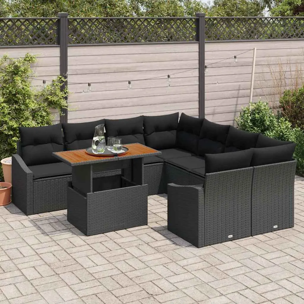 Modular Sectional Outdoor Garden Sofa Set 9 Piece Black Poly Rattan with Storage