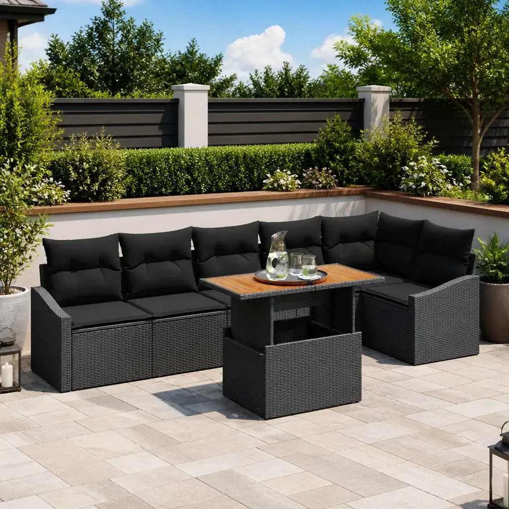 Garden Sofa Set Modular Outdoor Furniture 7 Piece Black Poly Rattan with Storage