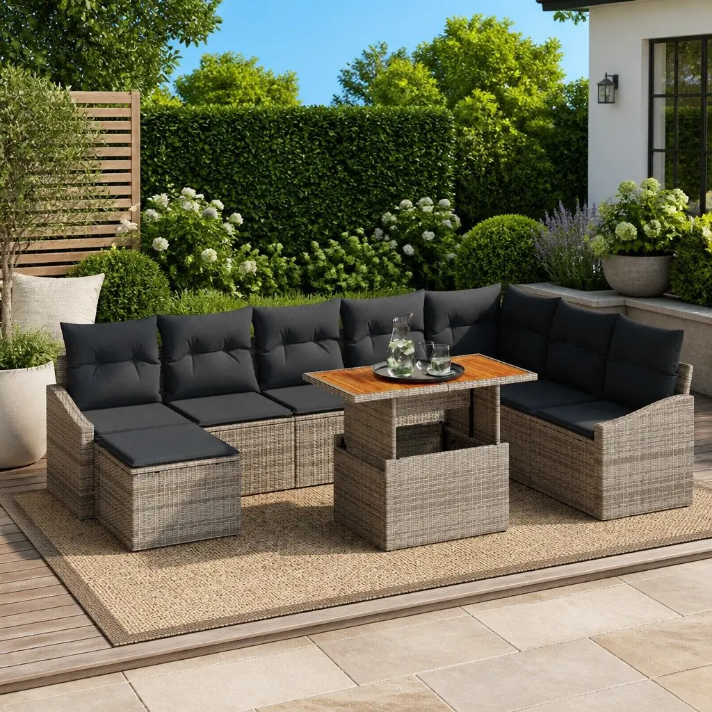 Garden Sofa Set Modular Outdoor Furniture 9 Piece Grey Poly Rattan Lounge Seating