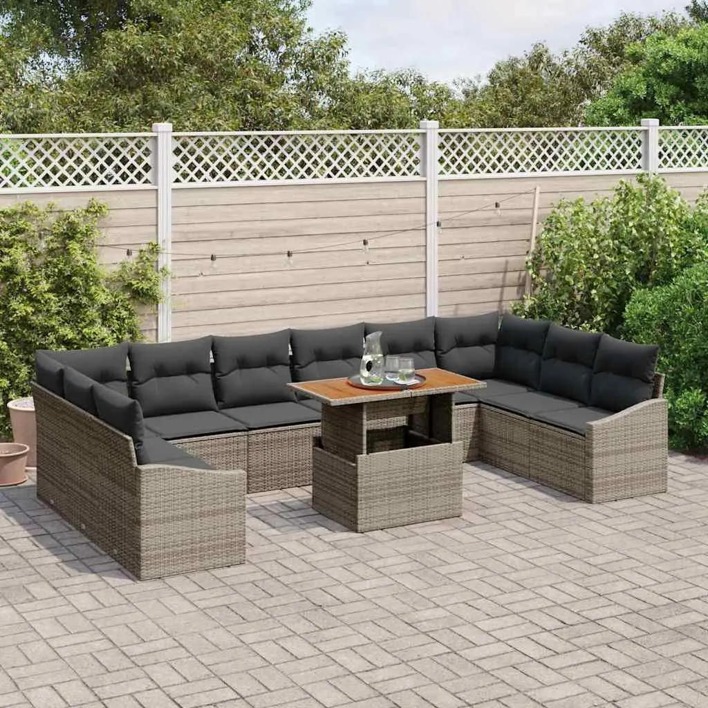 Garden Sofa Set 11 Pieces Modular Outdoor Furniture Grey Woven Poly Rattan with Storage and Removable Cushions