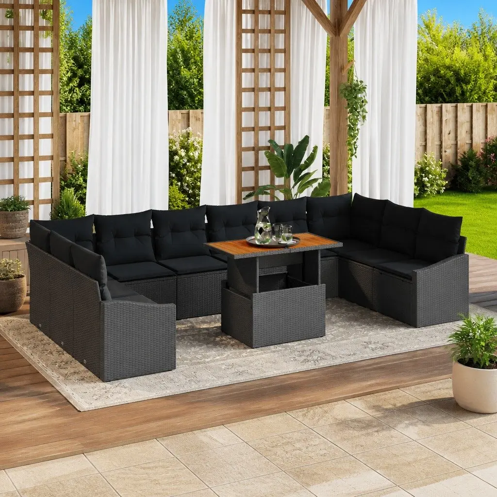 Garden Sofa Set Modular Outdoor Furniture 11 Piece Black Poly Rattan with Storage