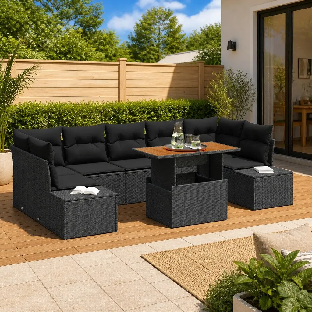 Outdoor Sofa Set Modular Seating 8 Piece Black Poly Rattan
