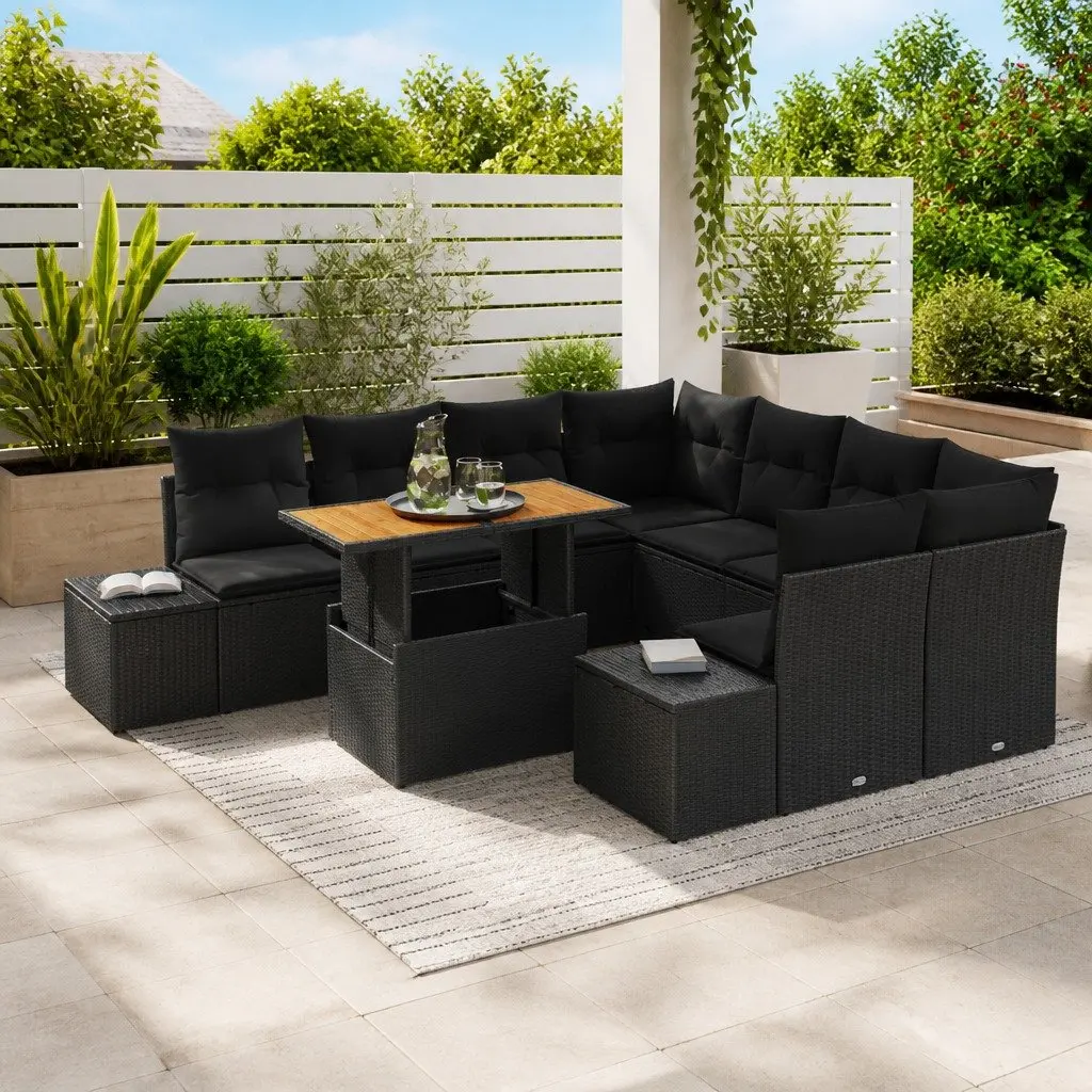 Garden Sofa Set Modular Outdoor Furniture 9 Piece Black Poly Rattan