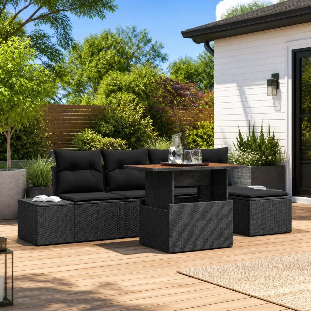 Garden Sofa Set 6 Pieces Black Outdoor Furniture Poly Rattan with Storage Seats