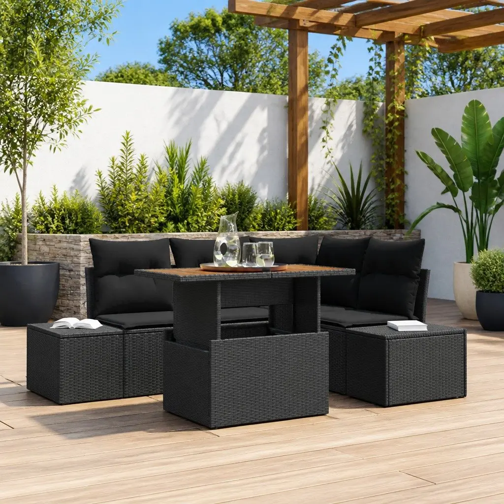 Outdoor Garden Sofa Set 5 Pieces Black Modular Rattan Furniture with Storage