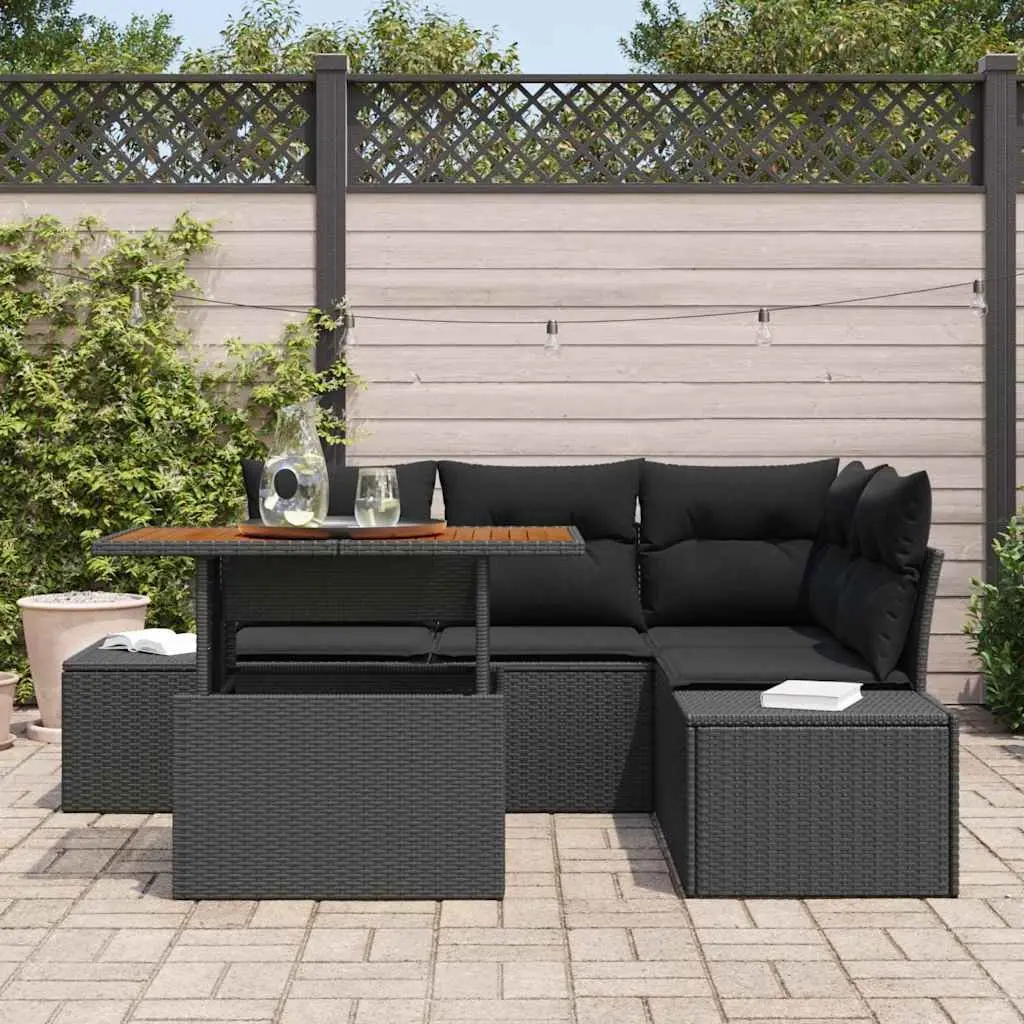 Outdoor Garden Sofa Set 5 Pieces Black Modular Rattan Furniture with Storage