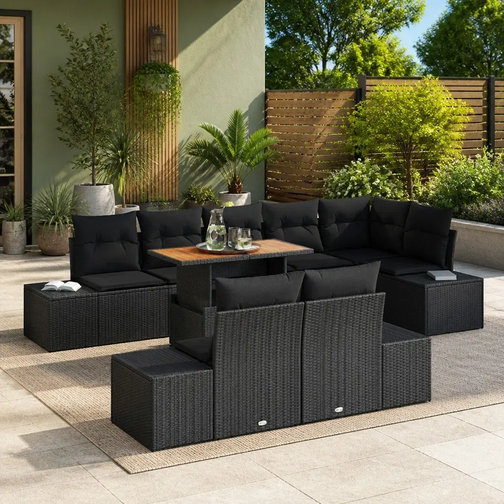 Garden Sofa Set Modular Outdoor Furniture 9 Piece Black Rattan Lounge with Storage