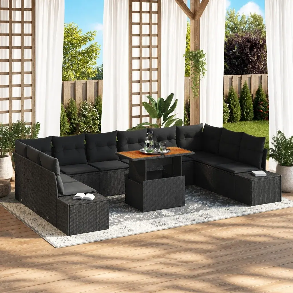 11 Piece Outdoor Garden Sofa Set Modular Lounge with Storage Black Poly Rattan