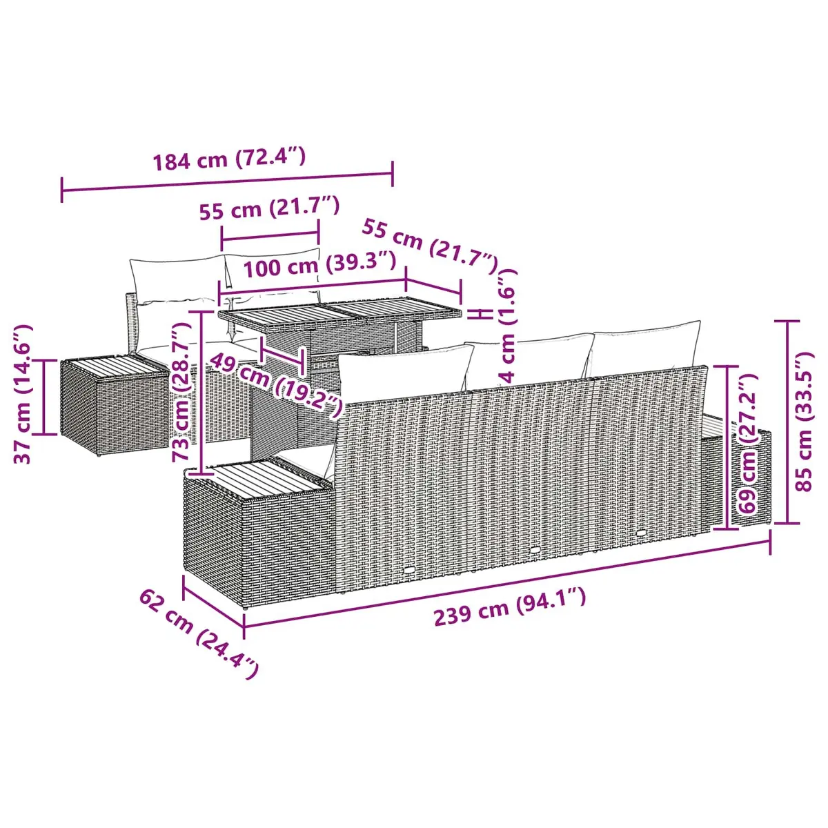 Outdoor Garden Sofa Set Modular Furniture 6 Pieces Black Poly Rattan