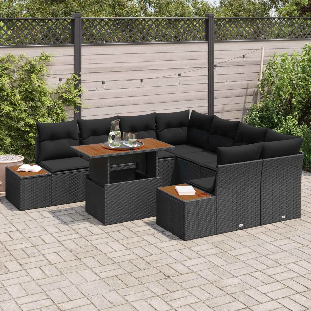 Outdoor Sofa Set 9 Piece Black Poly Rattan Furniture for Garden Patio