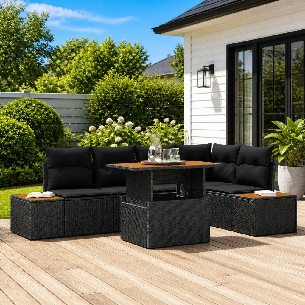 Garden Sofa Set Modular Outdoor Lounge Sectional 6 pcs Black Poly Rattan