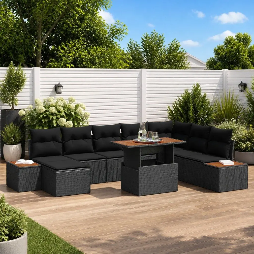 9-Piece Black Garden Sofa Set with Storage
