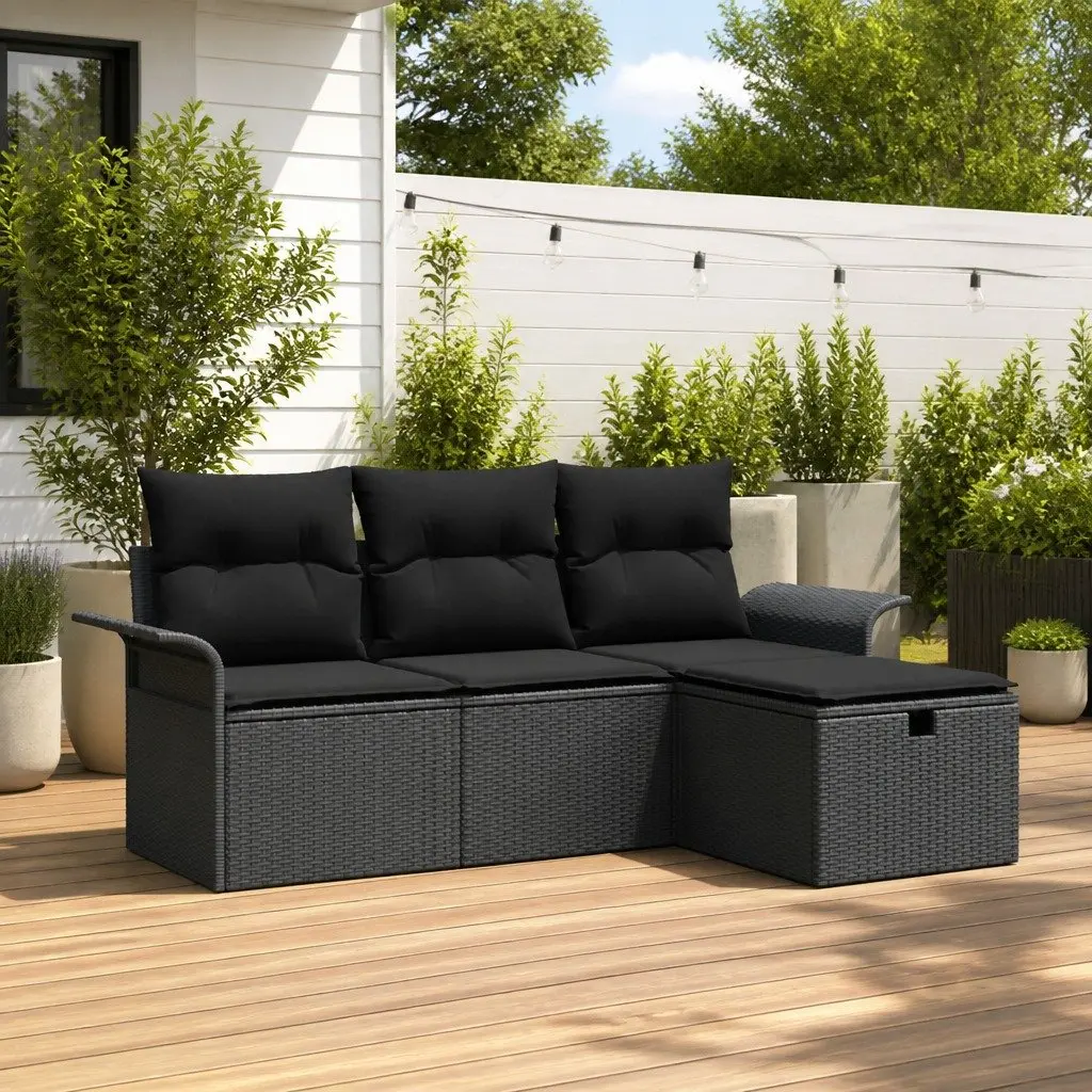 Outdoor Sofa Set Modular Seating 4 Pieces Black Poly Rattan