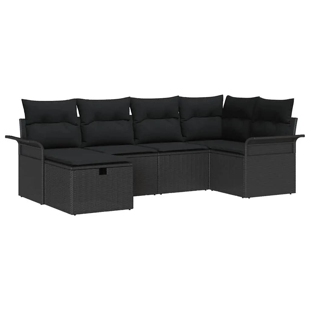 Outdoor Garden Sofa Set 6 Piece Black Poly Rattan Cushioned Seating Modern Patio