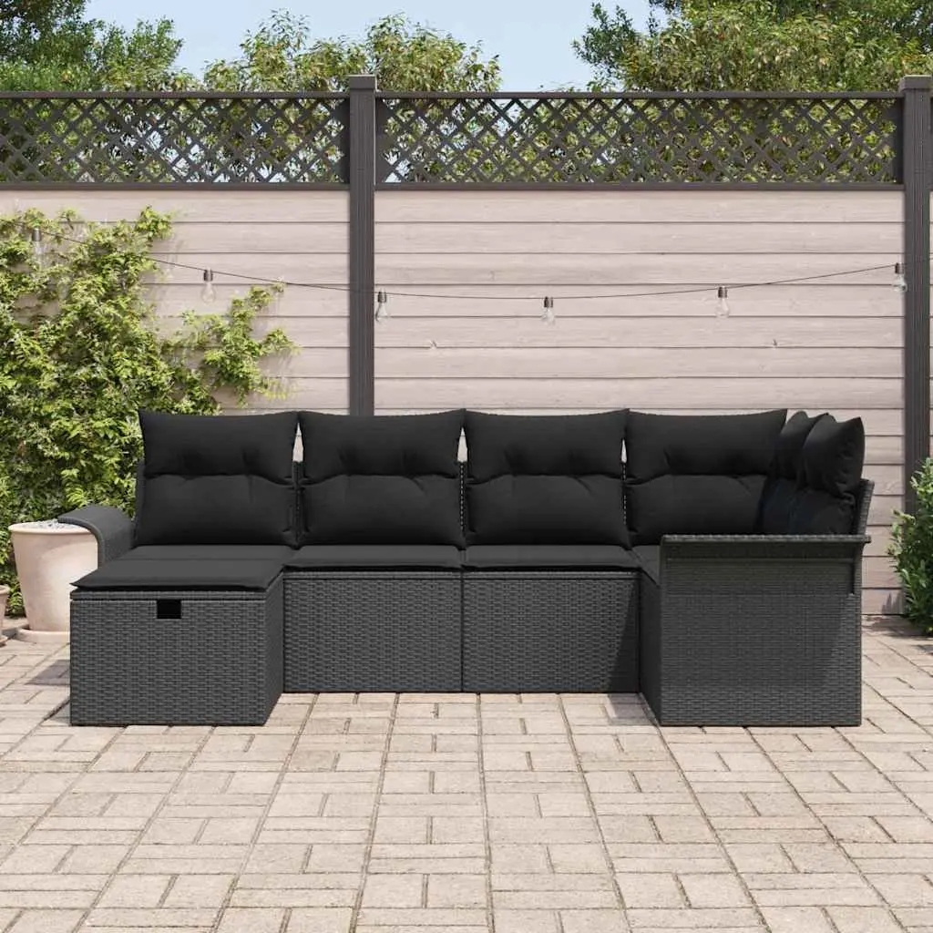 Outdoor Garden Sofa Set 6 Piece Black Poly Rattan Cushioned Seating Modern Patio