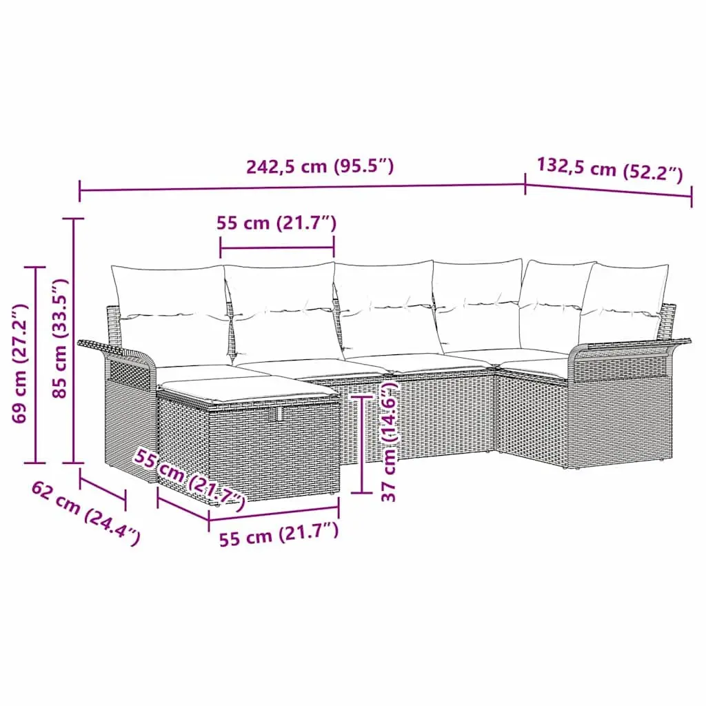 Outdoor Garden Sofa Set 6 Piece Black Poly Rattan Cushioned Seating Modern Patio