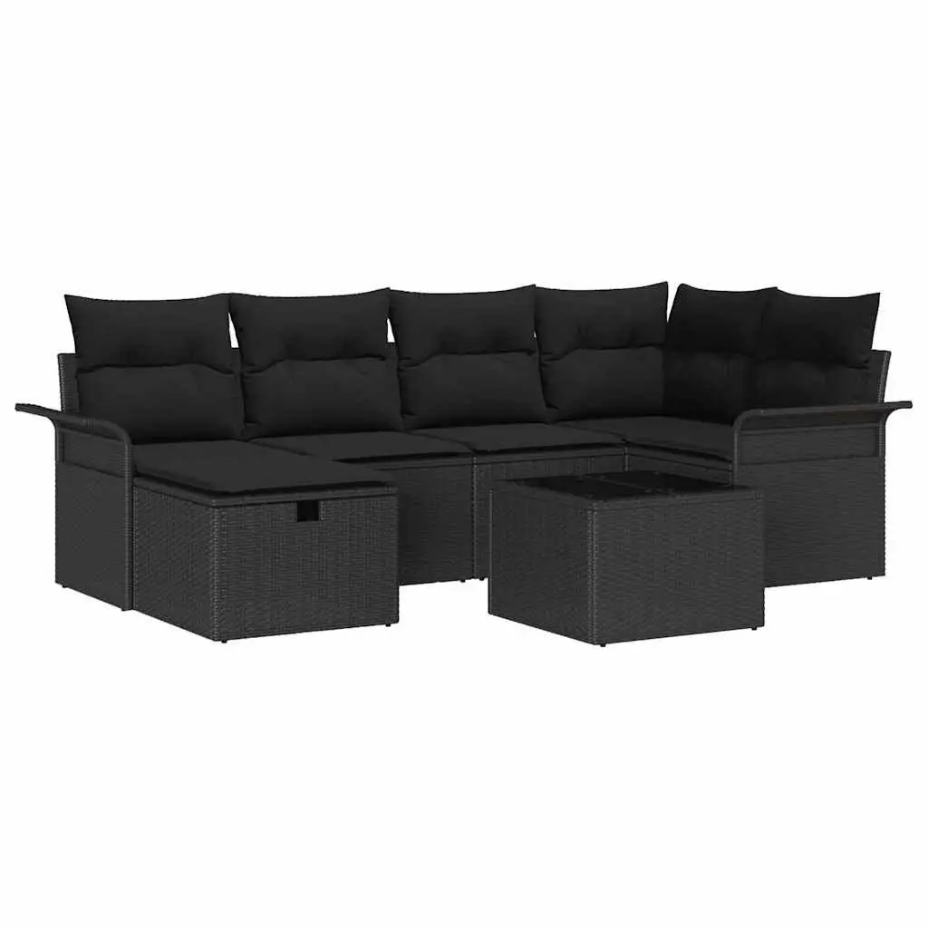Outdoor Garden Sofa Set 7 Pieces Black Poly Rattan Patio Seating with Cushions