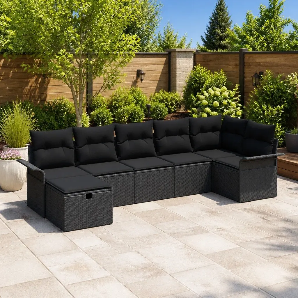 Modular Outdoor Garden Sofa Set 7 Piece Adjustable Table Black Poly Rattan with Cushions