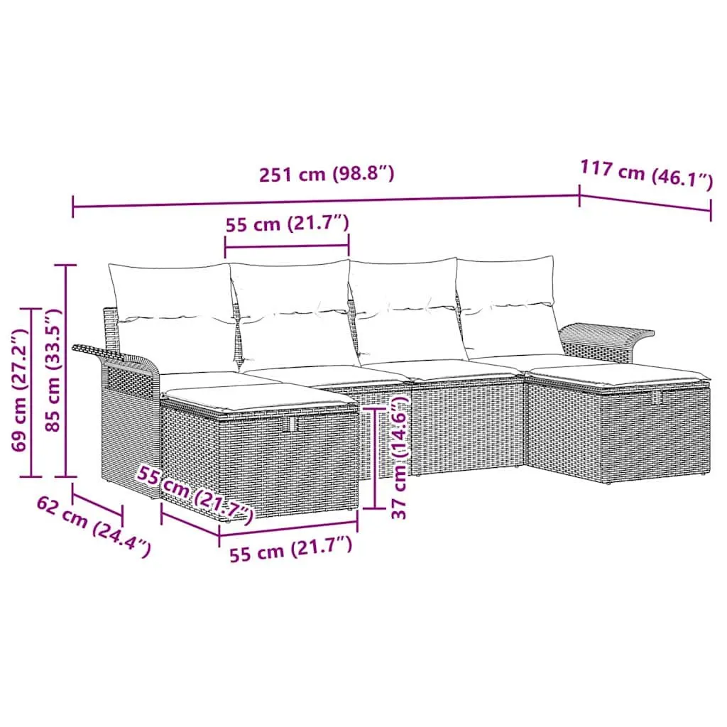 Garden Sofa Set 6 Pieces Grey Poly Rattan Outdoor Patio Furniture with Cushions