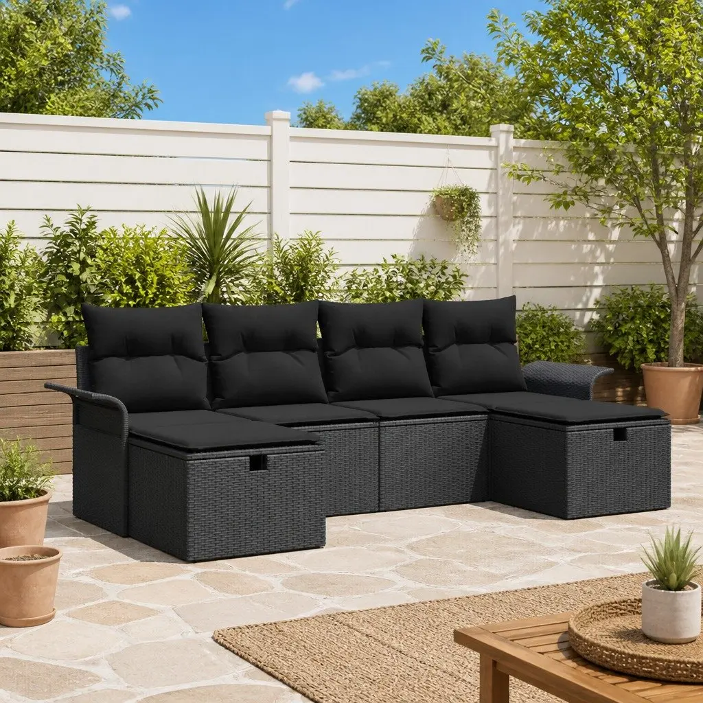 Black Poly Rattan 6-Piece Garden Sofa Set