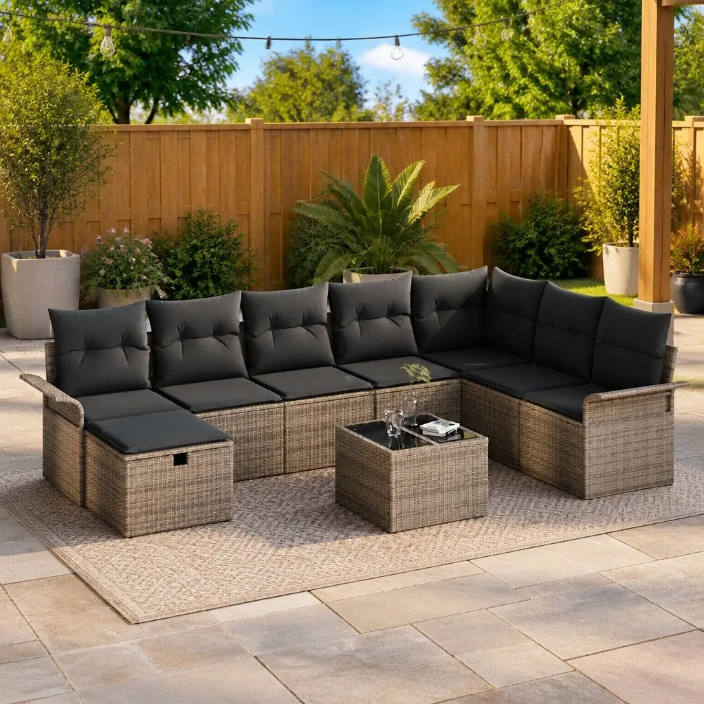 Garden Sofa Set Modular Outdoor Seating 9 Piece Grey Poly Rattan Lounge Suite
