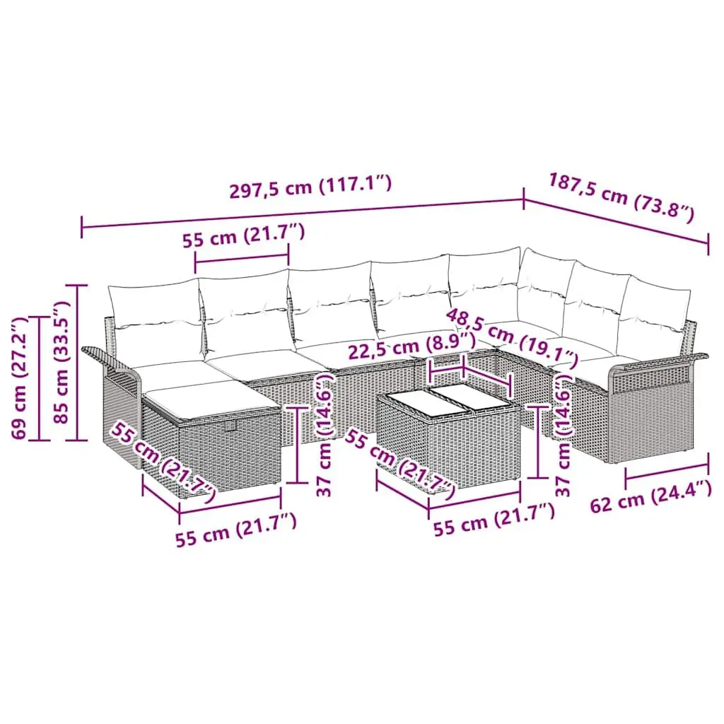 Outdoor Garden Sofa Set Modular Patio Furniture 9 Pieces Black Poly Rattan