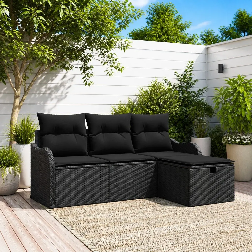 Modular Garden Sofa Set 4 Piece Outdoor Seating Black Poly Rattan with Cushions