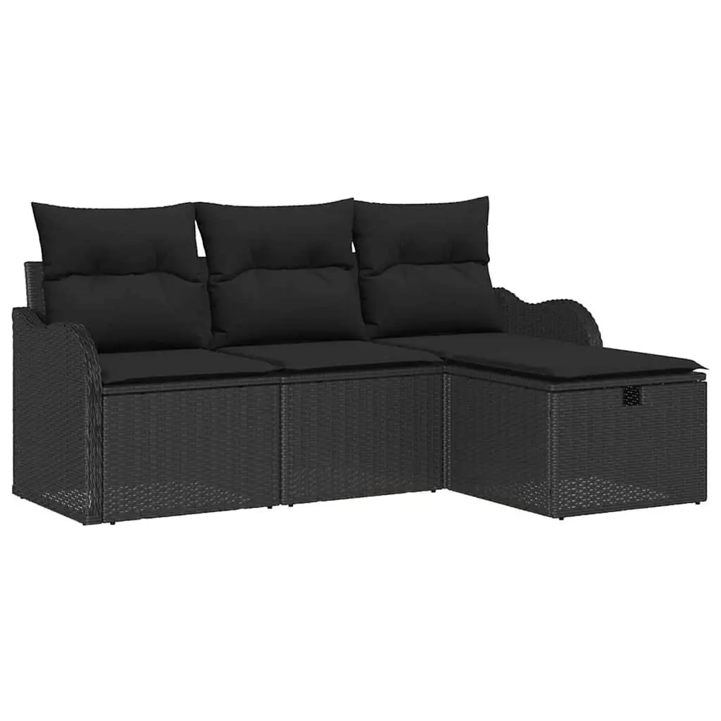 Modular Garden Sofa Set 4 Piece Outdoor Seating Black Poly Rattan with Cushions