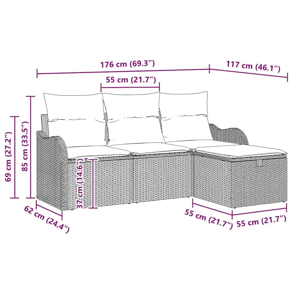 Modular Garden Sofa Set 4 Piece Outdoor Seating Black Poly Rattan with Cushions