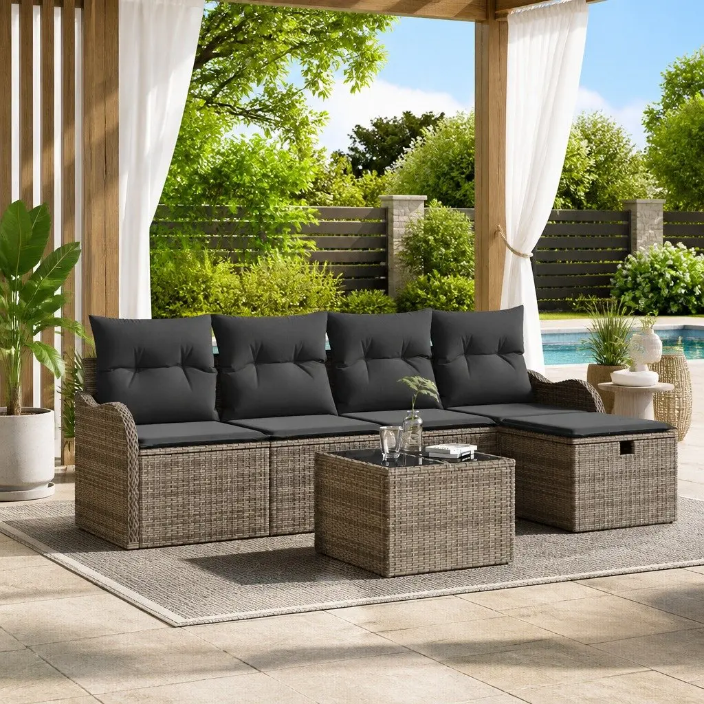 Modular Garden Sofa Set 6 Pieces Grey Poly Rattan Outdoor Seating Patio