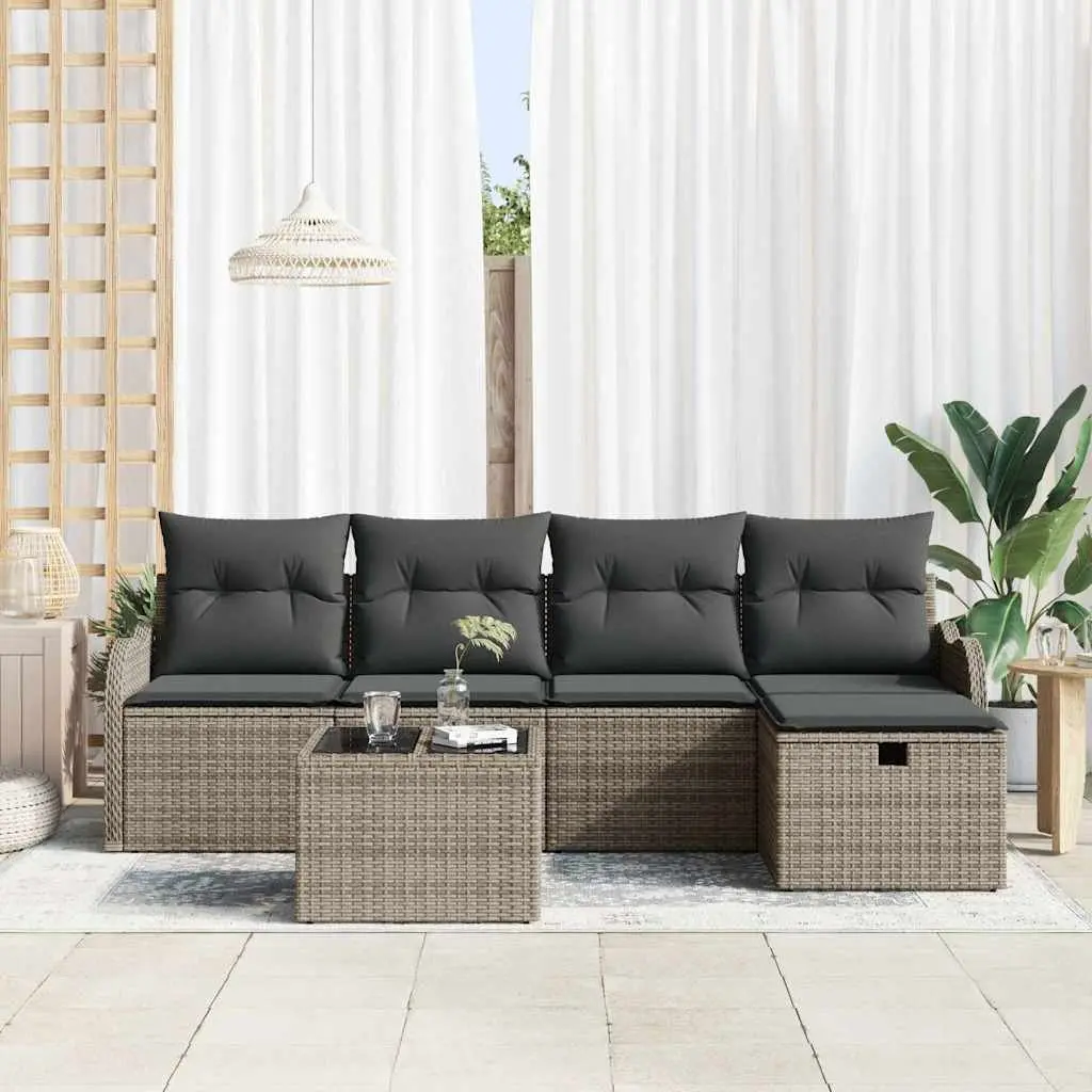 Modular Garden Sofa Set 6 Pieces Grey Poly Rattan Outdoor Seating Patio