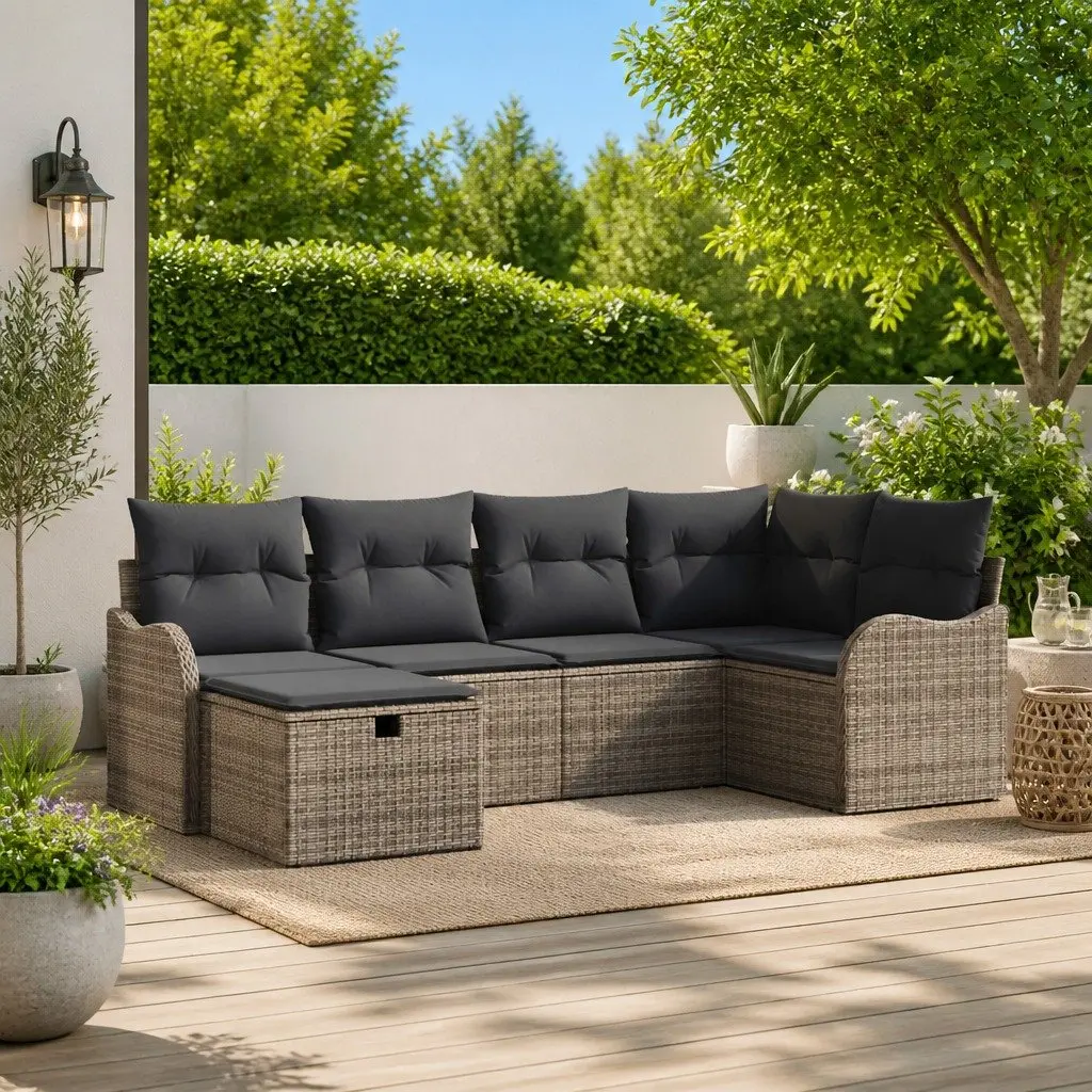 Outdoor Garden Sofa Set 6 Piece Modular Grey Poly Rattan with Cushions