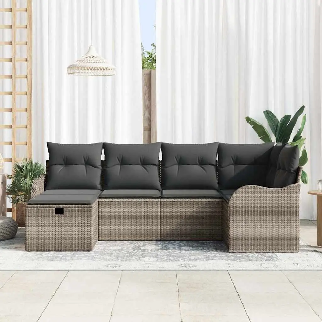 Outdoor Garden Sofa Set 6 Piece Modular Grey Poly Rattan with Cushions