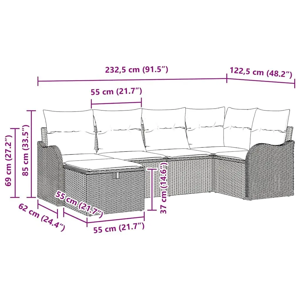 Outdoor Garden Sofa Set 6 Piece Modular Grey Poly Rattan with Cushions