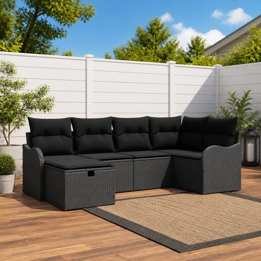 Outdoor Garden Sofa Set 6 Piece Modular Black Poly Rattan Patio Seating Lounge
