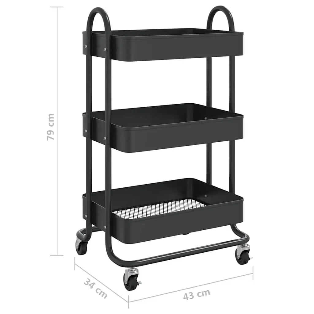 3-Tier Storage Trolley Organiser Mobile Cart Black Steel 43x34x79cm
